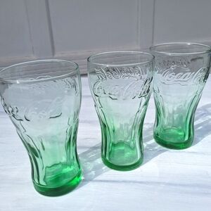 Coca Cola Glasses Vintage Green Colored Glass Drinking Coke Logo Collectible 3
